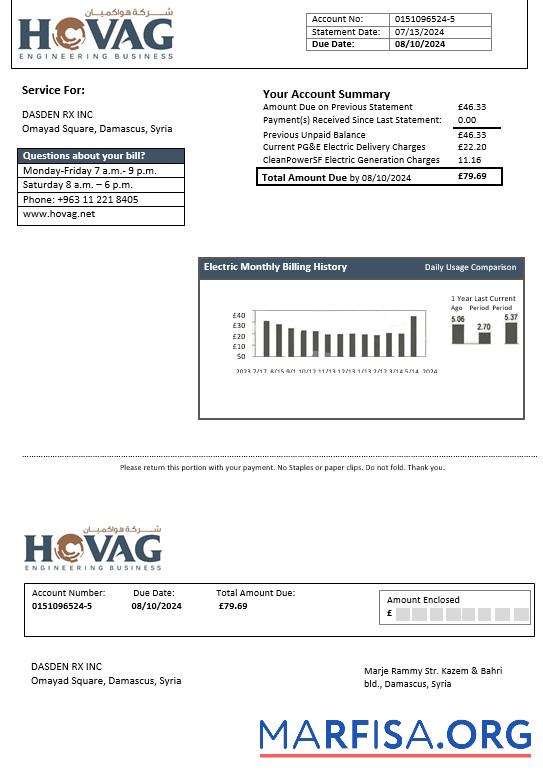 Downloadable Syria HOVAG Company electricity business utility bill template in Word and PDF formats